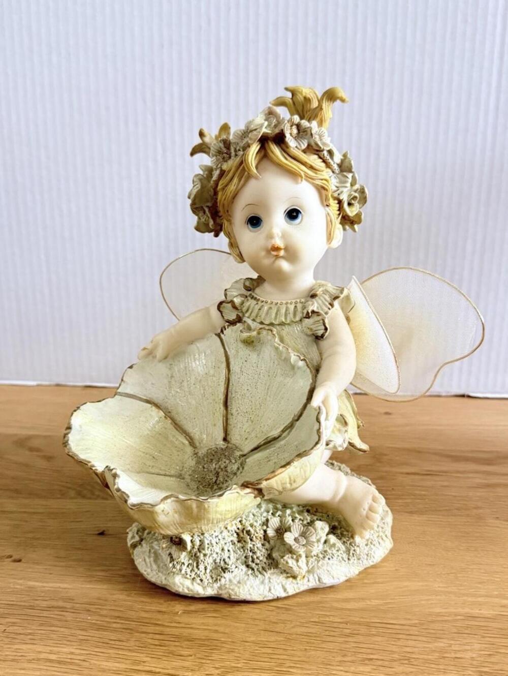 Vintage Collectible Figurine Ponytail Fairy Flower Dish 8.5 inch Resin